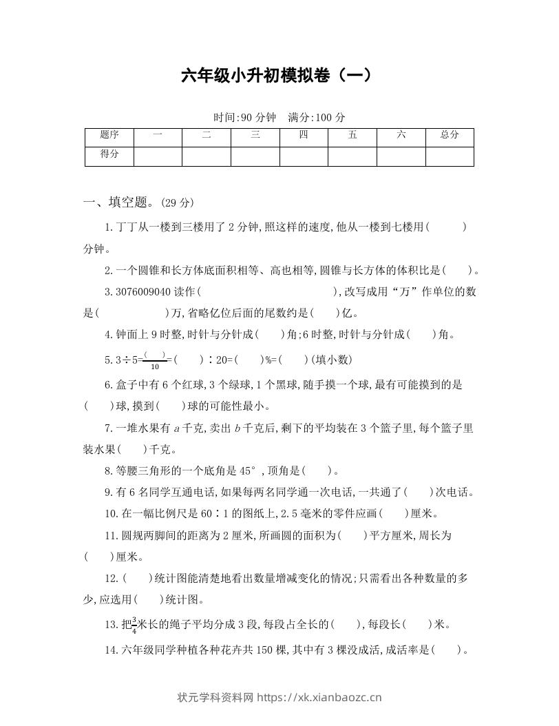 六年级小升初模拟卷（一）-状元学科资料网