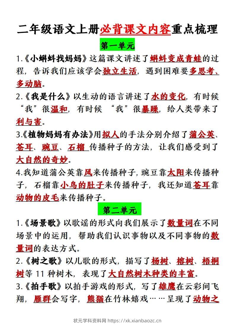 【单元必背课文内容重点梳理】二上语文-状元学科资料网