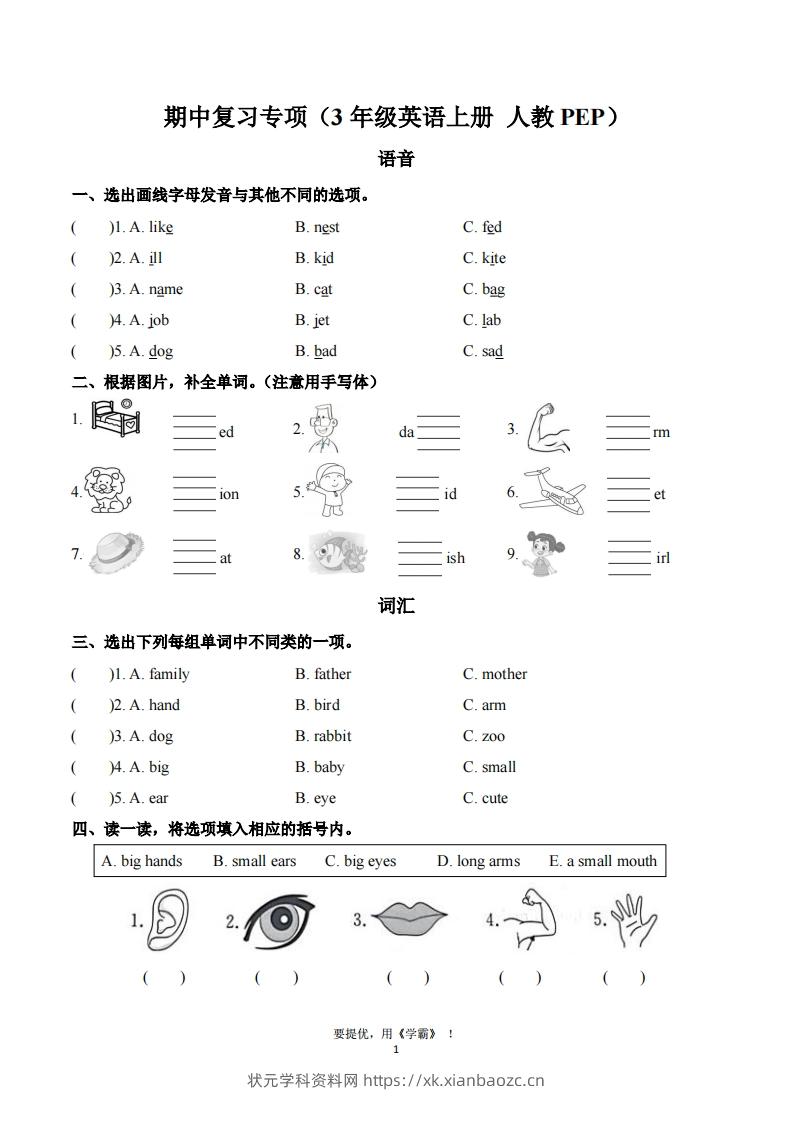 期中复习专项（三上英语人教版）-状元学科资料网