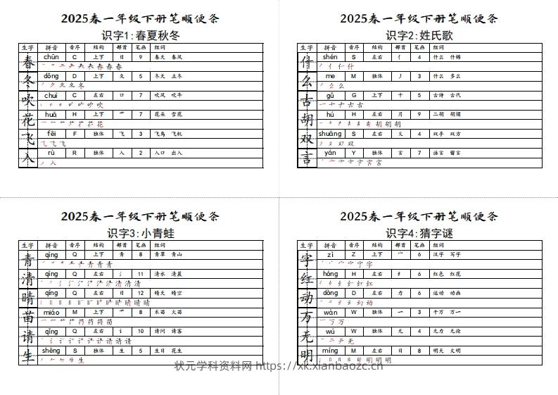 【笔顺小贴贴】一下语文最终版生字预习-状元学科资料网