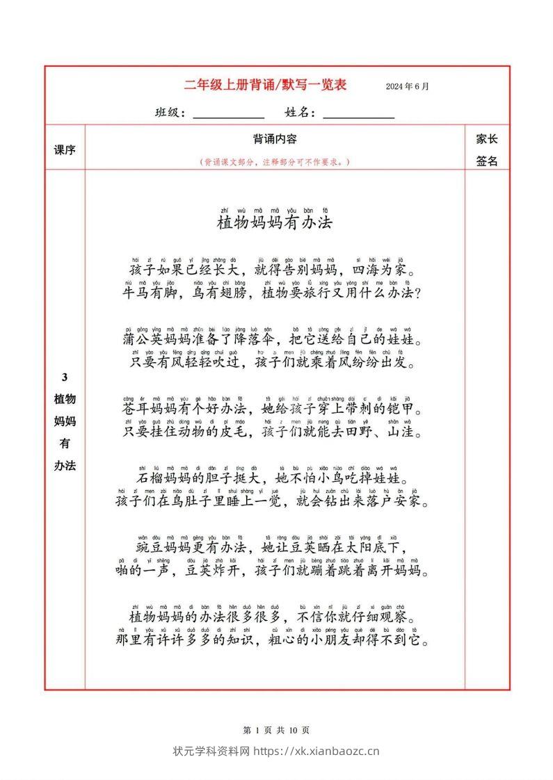 二上语文必背内容默写表-状元学科资料网