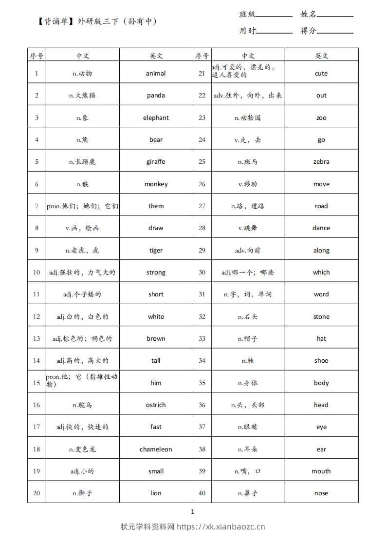 【背诵单】外研版三下英语-状元学科资料网