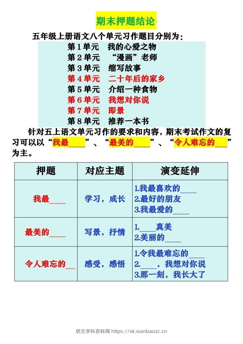 【期末复习押题作文优秀范文】五上语文-状元学科资料网