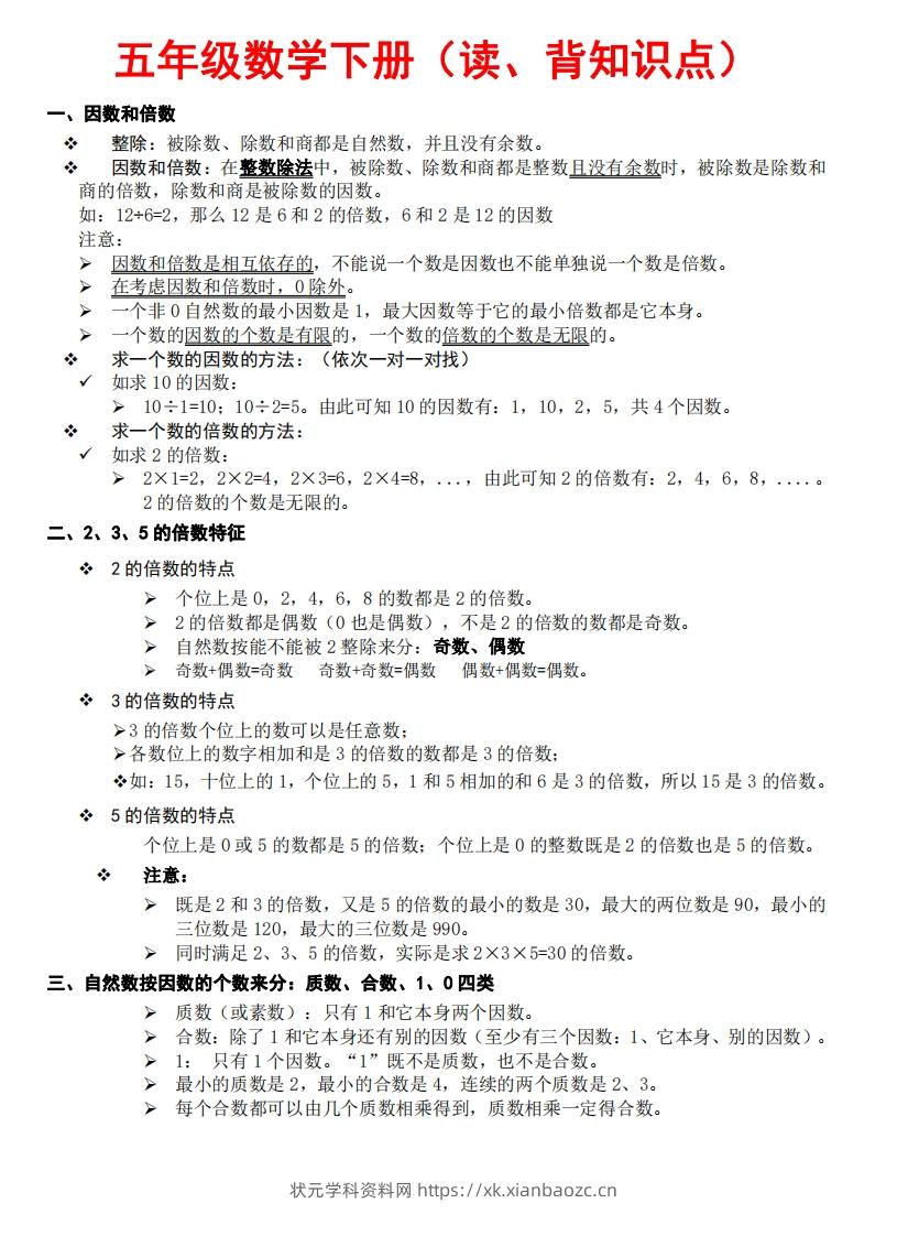 五下数学：知识点读背（通用）-状元学科资料网