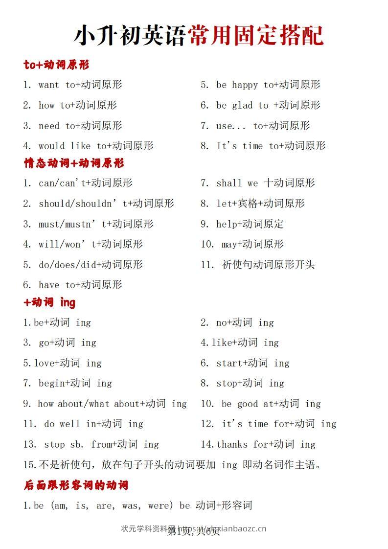 小升初英语常用固定搭配总结-状元学科资料网